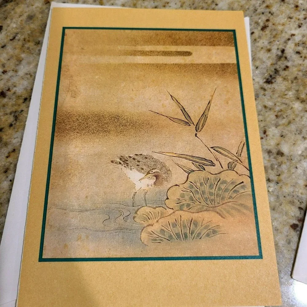 3 Kano Tanyu Blank Cards. Shimmer. Butterfly Mallow, Sparrows, Crane Lotus Pond
